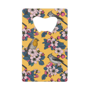 Vogels en bloesems op geel creditkaart flessenopener