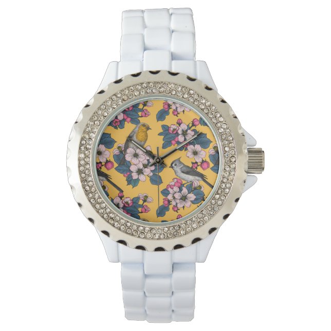 Vogels en bloesems op geel horloge (Voorkant)