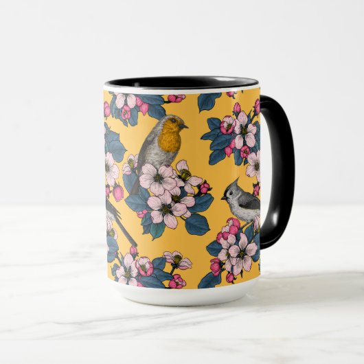 Vogels en bloesems op geel mok (Voorkant rechts)