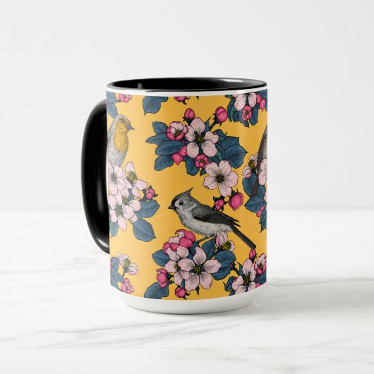 Vogels en bloesems op geel mok (Voorkant links)