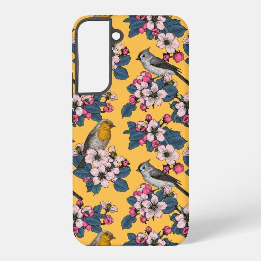 Vogels en bloesems op geel samsung galaxy hoesje (Achterkant)