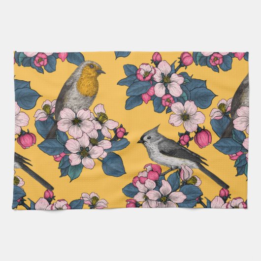 Vogels en bloesems op geel theedoek (Horizontaal)