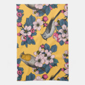 Vogels en bloesems op geel theedoek (Verticaal)