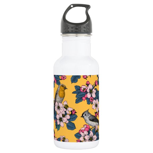 Vogels en bloesems op geel waterfles  (Voorkant)