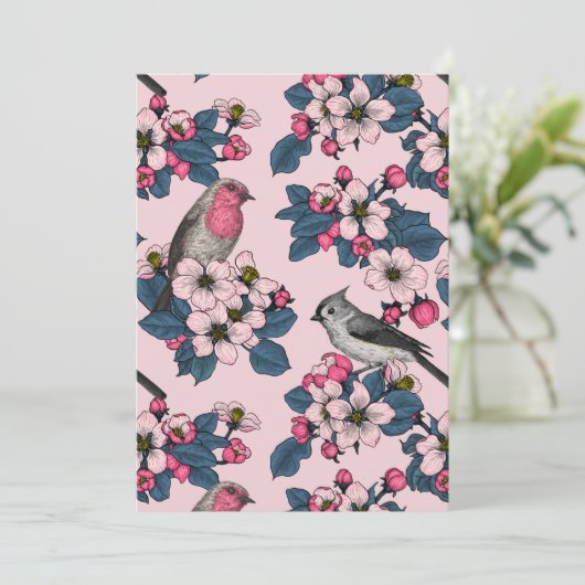 Vogels en bloesems op roze (Staand voorkant)