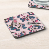 Vogels en bloesems op roze bier onderzetter (Linkerzijde)