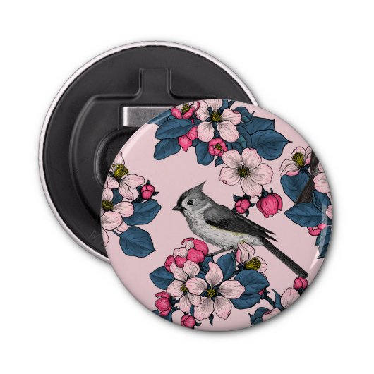 Vogels en bloesems op roze button flesopener (Voorkant)