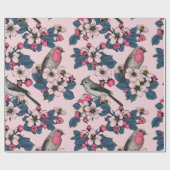 Vogels en bloesems op roze cadeaupapier (Vlak)