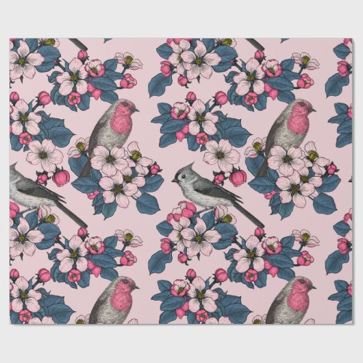 Vogels en bloesems op roze cadeaupapier (Vlak)
