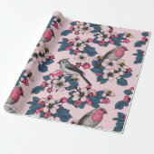 Vogels en bloesems op roze cadeaupapier (Uitgerold)