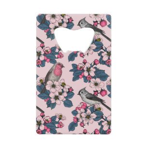 Vogels en bloesems op roze creditkaart flessenopener