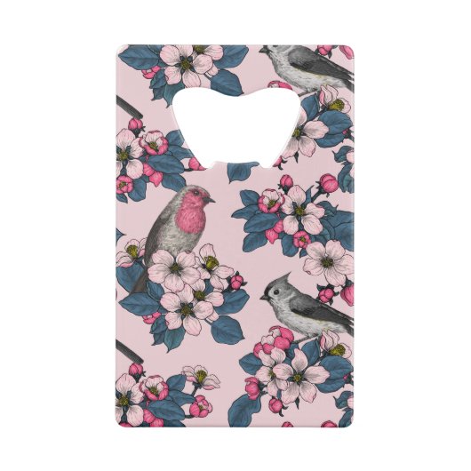 Vogels en bloesems op roze creditkaart flessenopener (Achterkant)