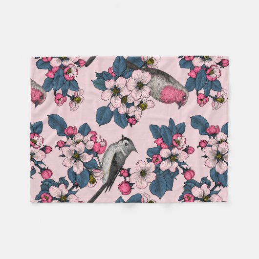 Vogels en bloesems op roze fleece deken (Voorkant (Horizontaal))