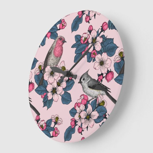 Vogels en bloesems op roze grote klok (Hoek)