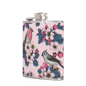 Vogels en bloesems op roze heupfles (Links)