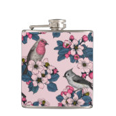 Vogels en bloesems op roze heupfles (Voorkant)
