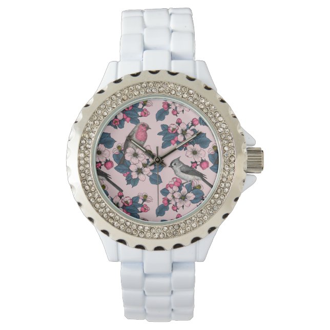 Vogels en bloesems op roze horloge (Voorkant)