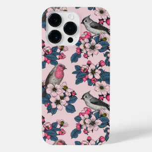 Vogels en bloesems op roze iPhone 14 pro max hoesje