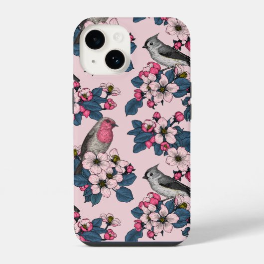 Vogels en Bloesems op roze iPhone Hoesje (Achterkant)