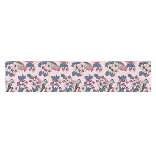 Vogels en bloesems op roze korte tafelloper (Horizontaal)