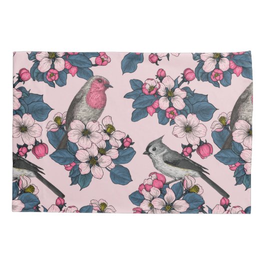 Vogels en bloesems op roze kussensloop (Achterkant-Links)
