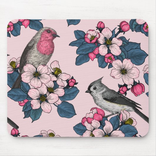 Vogels en bloesems op roze muismat (Voorkant)