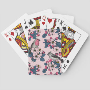 Vogels en bloesems op roze pokerkaarten
