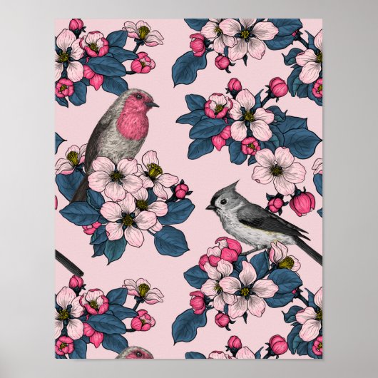 Vogels en bloesems op roze poster (Voorkant)