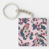 Vogels en bloesems op roze sleutelhanger (voorkant)