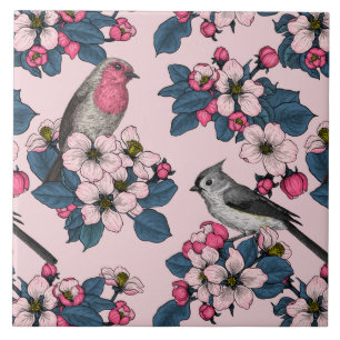 Vogels en bloesems op roze tegeltje