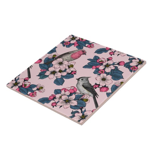 Vogels en bloesems op roze tegeltje (Zijkant)