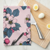 Vogels en bloesems op roze theedoek (Quarter Fold)