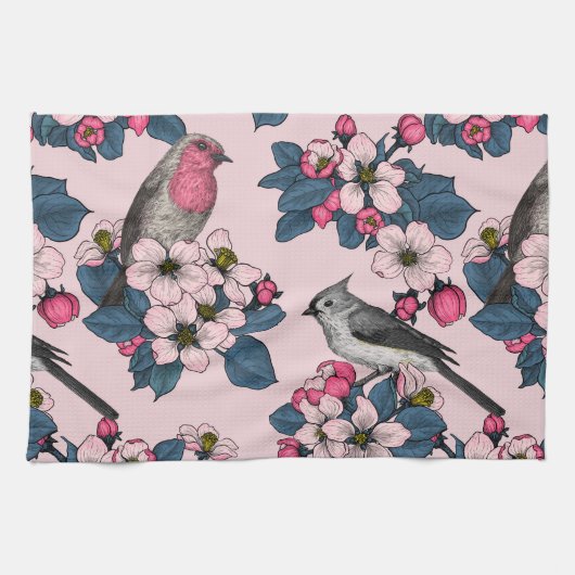 Vogels en bloesems op roze theedoek (Horizontaal)