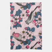 Vogels en bloesems op roze theedoek (Verticaal)