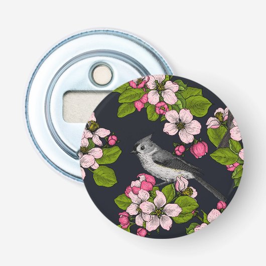 Vogels en bloesems, zwart button flesopener (Voorkant)