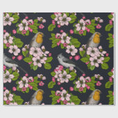 Vogels en bloesems, zwart cadeaupapier (Vlak)