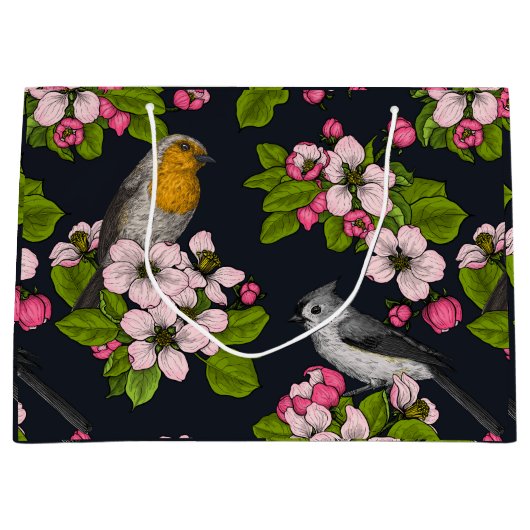 Vogels en bloesems, zwart groot cadeauzakje (Voorkant)