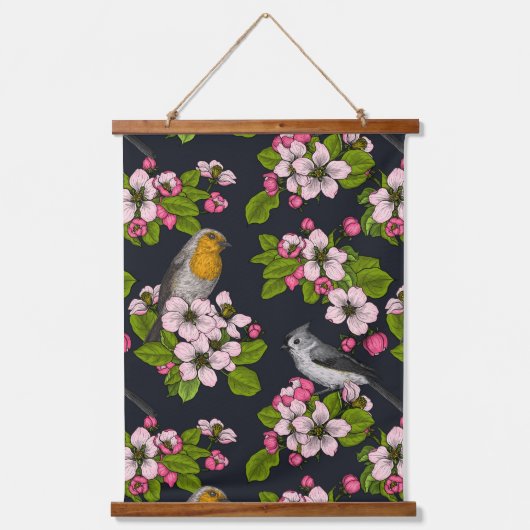 Vogels en bloesems, zwart hangend wandkleed (Voorkant)