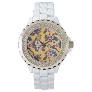 Vogels en bloesems, zwart horloge