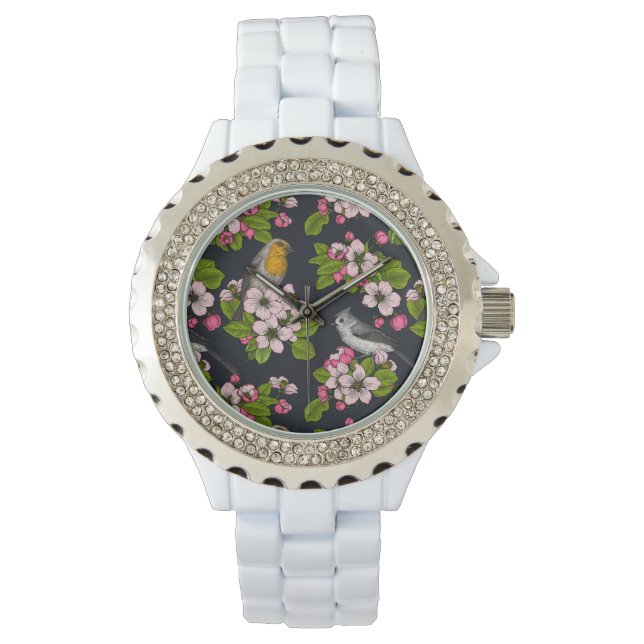 Vogels en bloesems, zwart horloge (Voorkant)