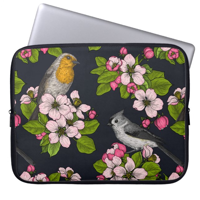 Vogels en bloesems, zwart laptop sleeve (Voorkant)