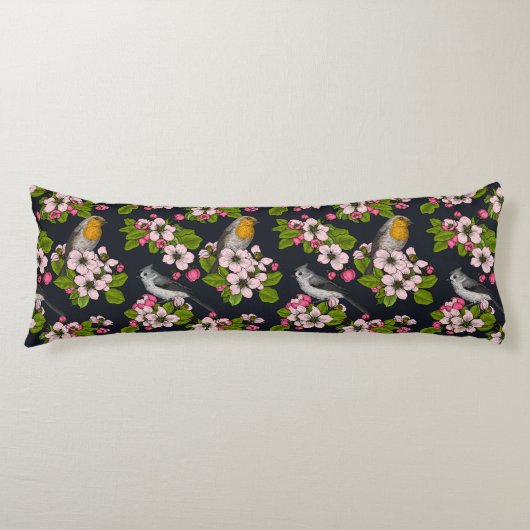 Vogels en bloesems, zwart lichaamskussen (Voorkant)