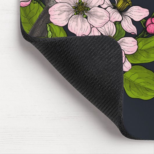 Vogels en bloesems, zwart muismat (Hoek)