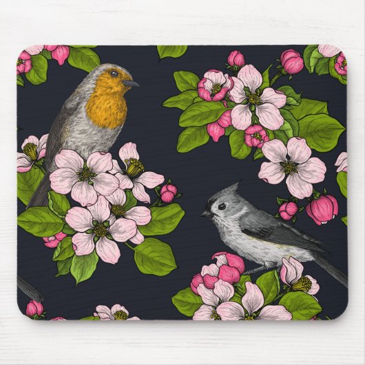 Vogels en bloesems, zwart muismat (Voorkant)