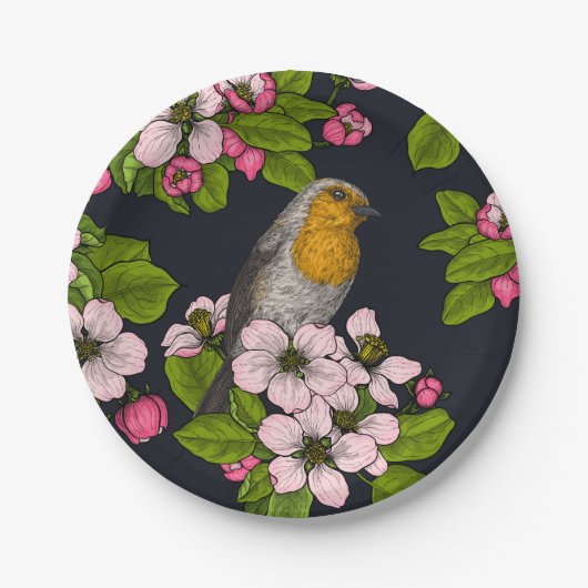 Vogels en bloesems, zwart papieren bordje (Voorkant)
