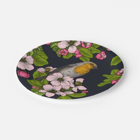 Vogels en bloesems, zwart papieren bordje (Gekanteld)