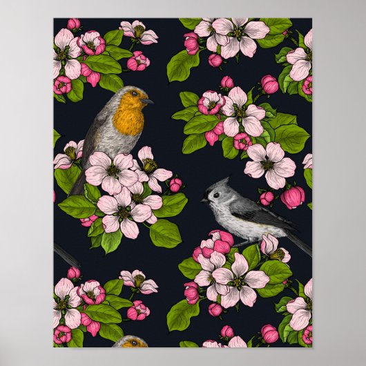 Vogels en bloesems, zwart poster (Voorkant)