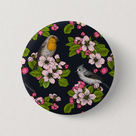Vogels en bloesems, zwart ronde button 5,7 cm (Voorkant)
