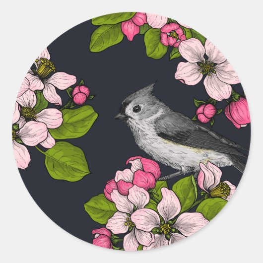 Vogels en bloesems, zwart ronde sticker (Voorkant)