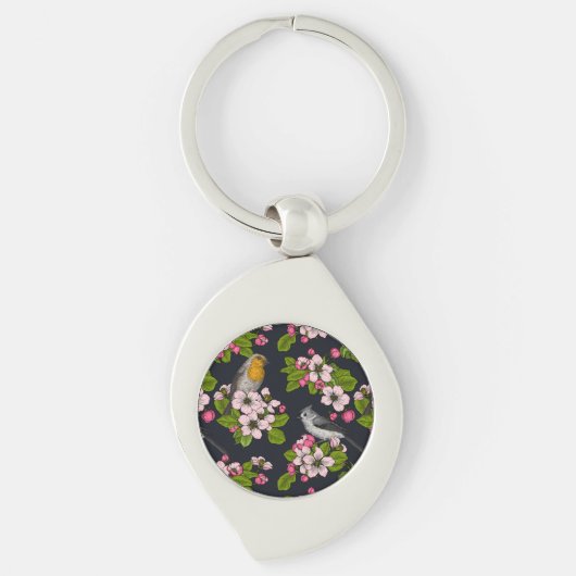 Vogels en bloesems, zwart sleutelhanger (Voorkant)